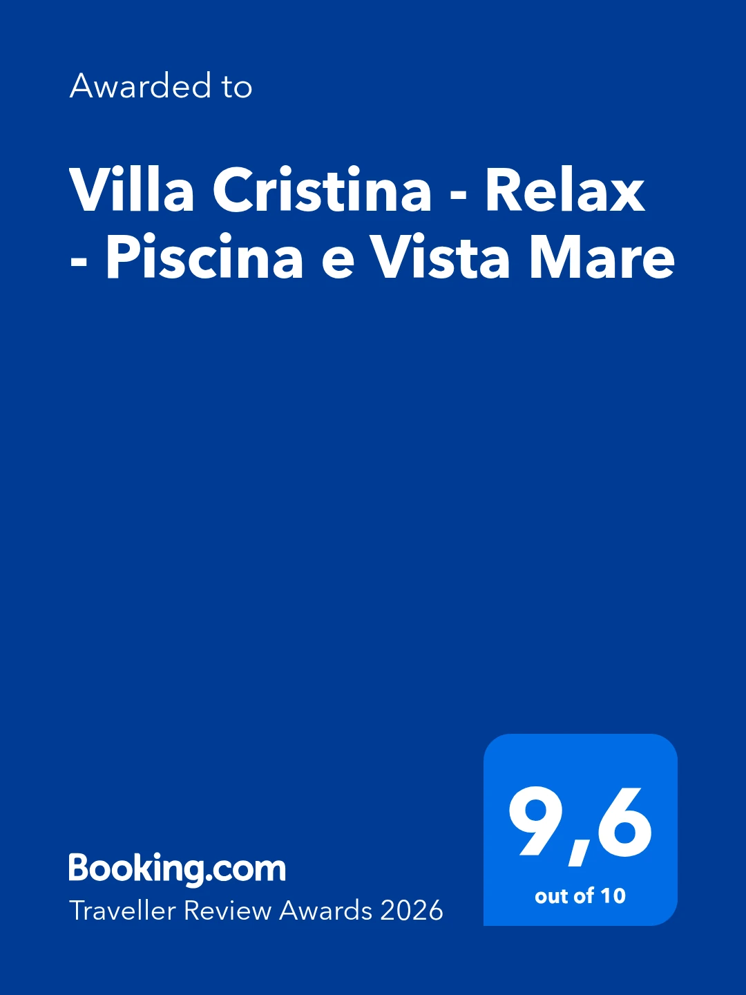 Booking.com Traveller Review Award 2026 — 9,6/10